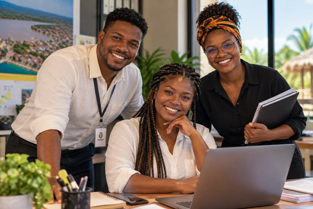 Tres profesionales afrocolombianos sonríen juntos frente a un computador en una oficina.